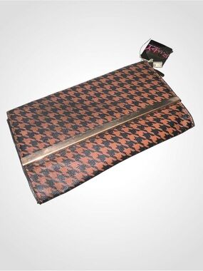 Ruby Collection Houndstooth Foldover Clutch in Brown and Black with Gold Accent